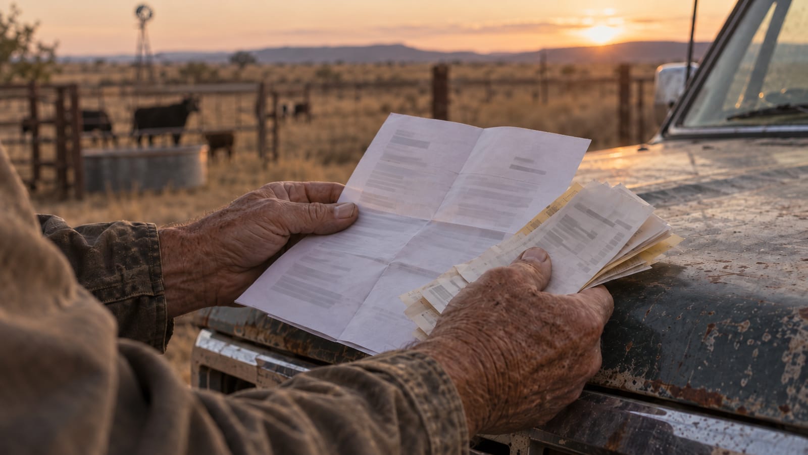 A rancher's weathered hands holding a folded government letter and a stack of fuel and hay receipts on the hood of a pickup, dry pasture behind.
