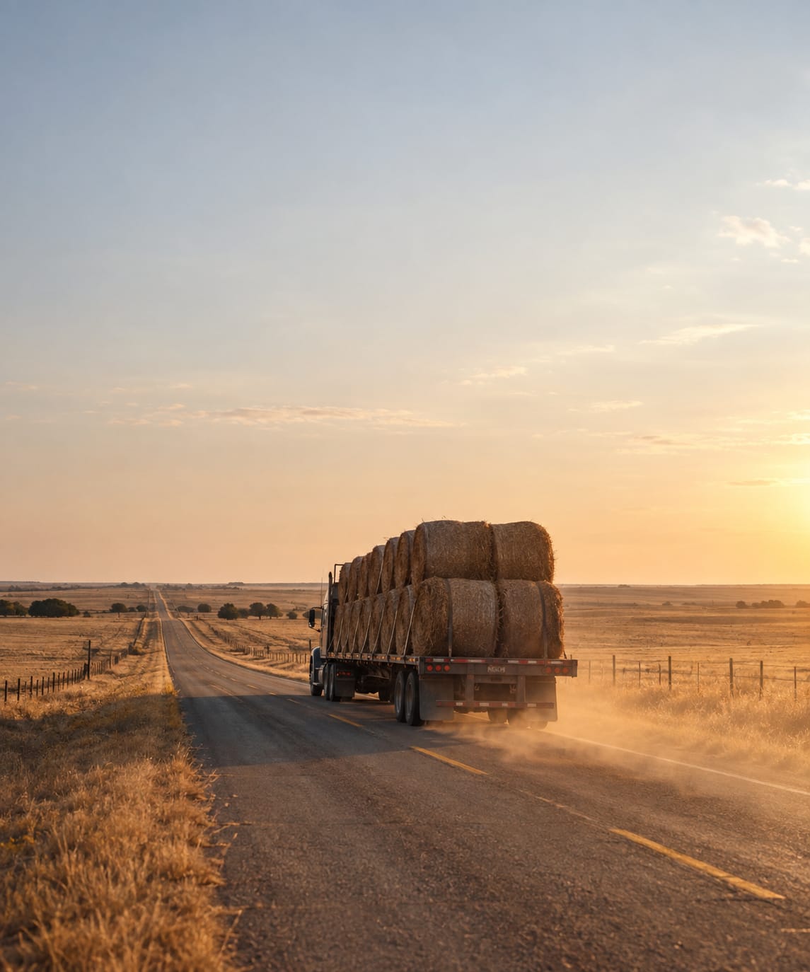 A flatbed truck loaded with large round hay bales on a two lane county road across drought browned rangeland, dust behind the trailer and a fence line running to the horizon.