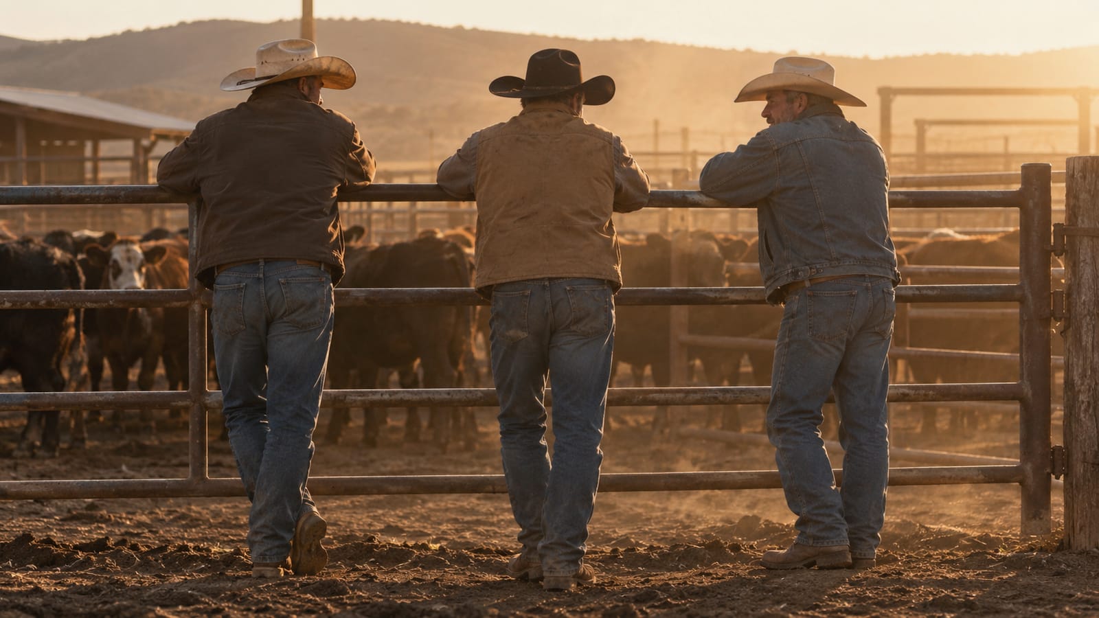 Three ranchers standing at a pipe fence talking in late afternoon light, seen from behind, cattle in the pen beyond them.